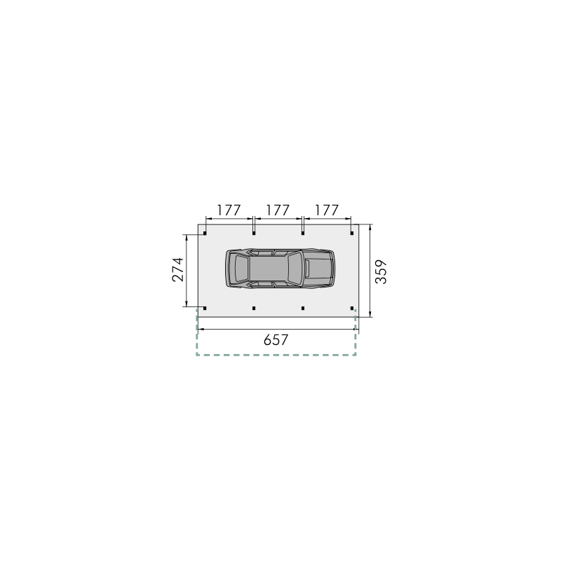 Plan Carport 1 voiture indépendant ouvert A13 - 359 x 657 cm - 15,04m2