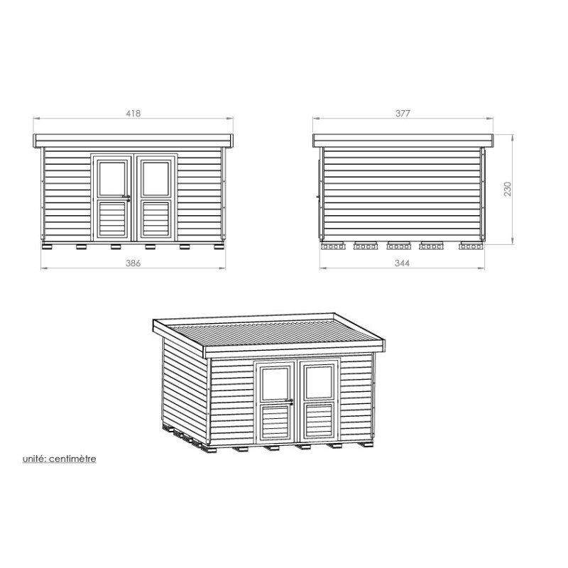 Plan abri de jardin toit plat 390x 350 cm - 12,49m2