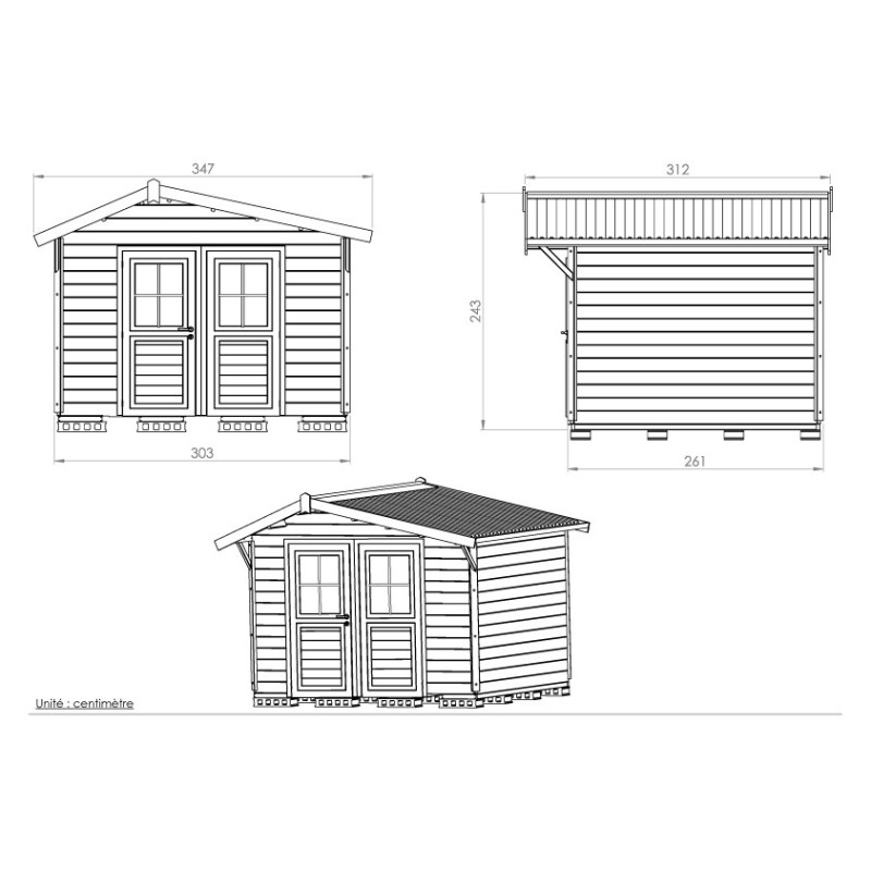 Plan abri de jardin 2 pentes 300 x 260 cm - 7.28m2