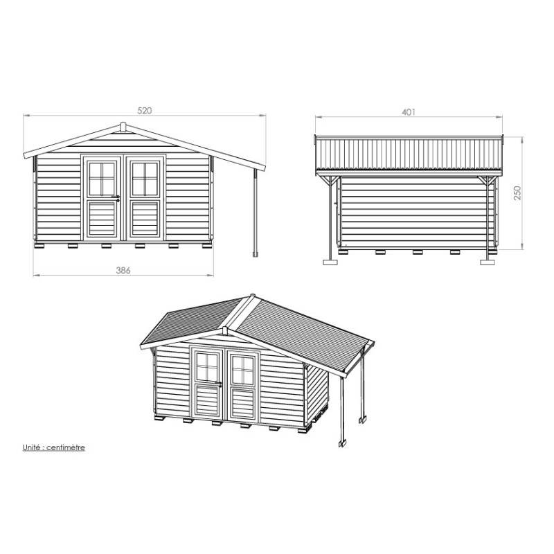 Plan abri de jardin 2 pentes 390 x 350 cm - 12,49m2