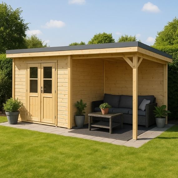 illustration d'un abri de jardin en bois avec un auvent et un salon extérieur