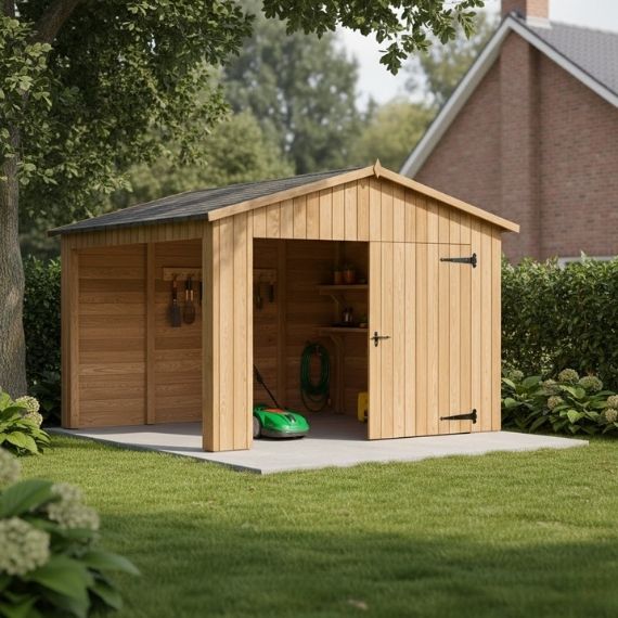 abri de jardin en bois avec tondeuse