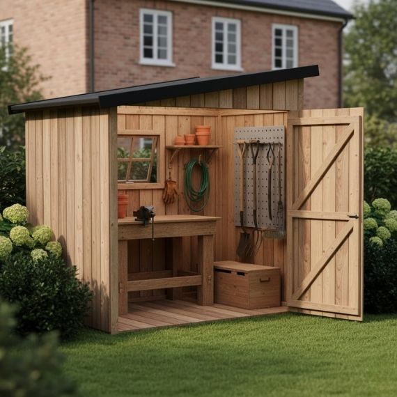 abri de jardin en bois avec des outils