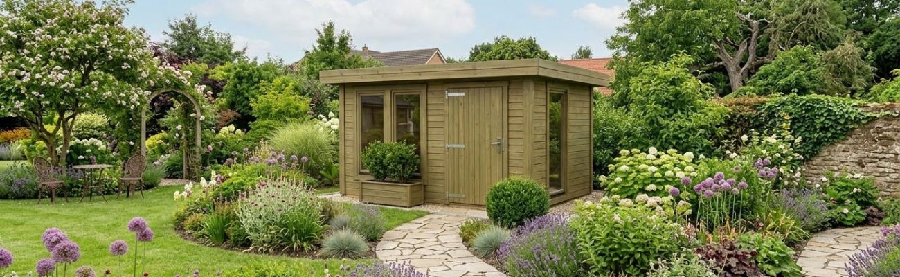 abri de jardin en bois dans un paysage fleuri