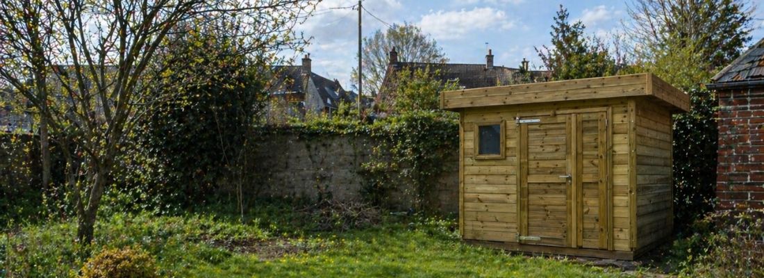 abri de jardin en bois dans un jardin