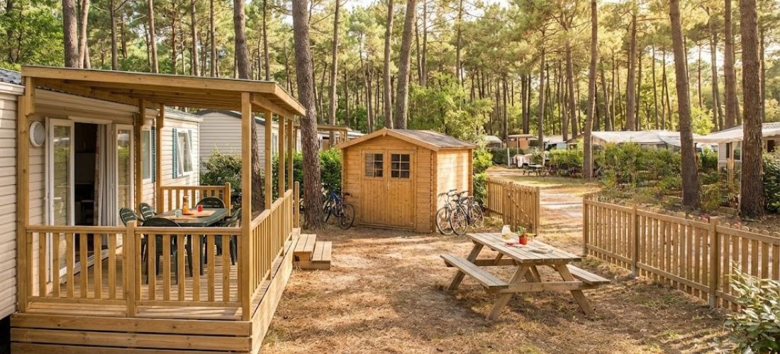 aménagements en bois sur un terrain de camping