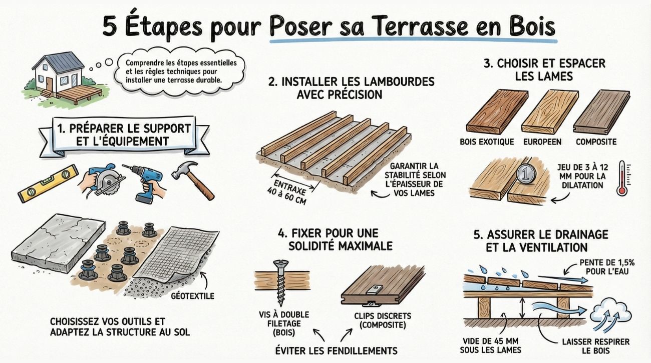 Infographie récapitulative : les 5 étapes pas-à-pas pour poser sa terrasse en bois soi-même