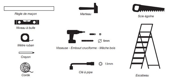 outils nécessaires au montage d'un abri de jardin